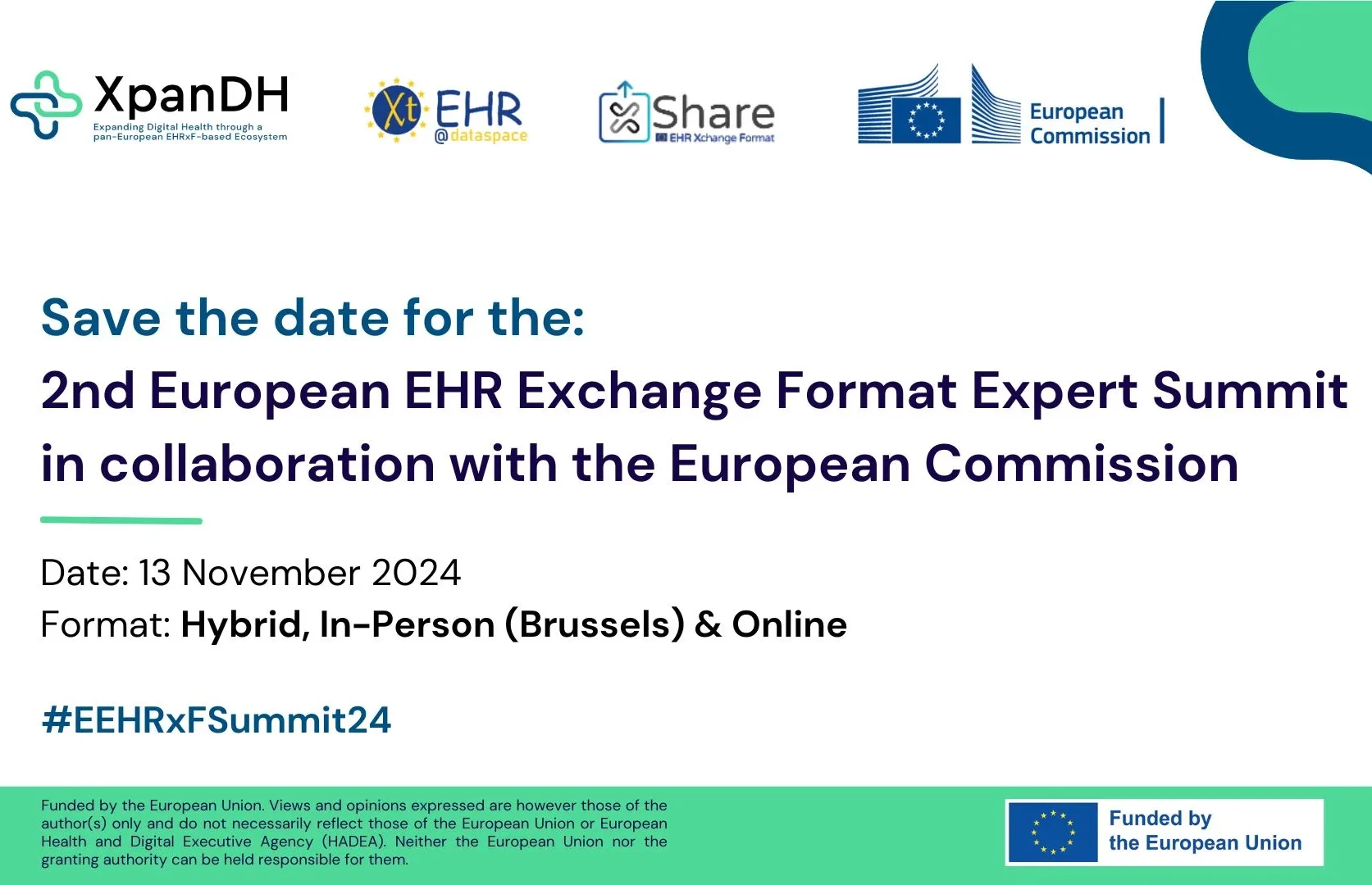 Save the date card for the 2nd European EHR Exchange Format Expert Summit with the European Commission, 13 November 2024, hybrid in Brussels and online