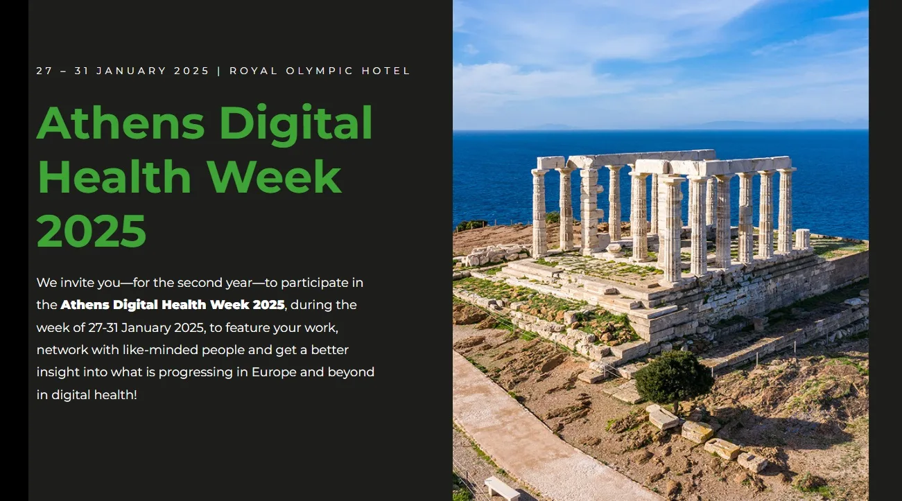 Announcement of Athens Digital Health Week 2025, 25 to 31 January, over a view of the Temple of Poseidon at Sounion